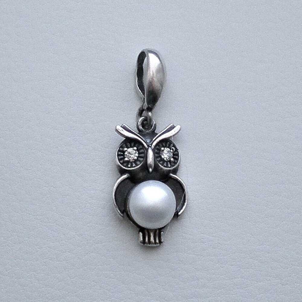 Russian Russia Sterling Silver 925 Cultured Pearl Crystal Eyes Owl Pendant Charm